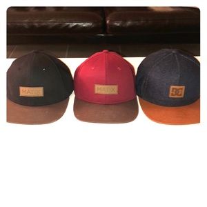 2 Matix snapback hats and 1 leather strap DC hat